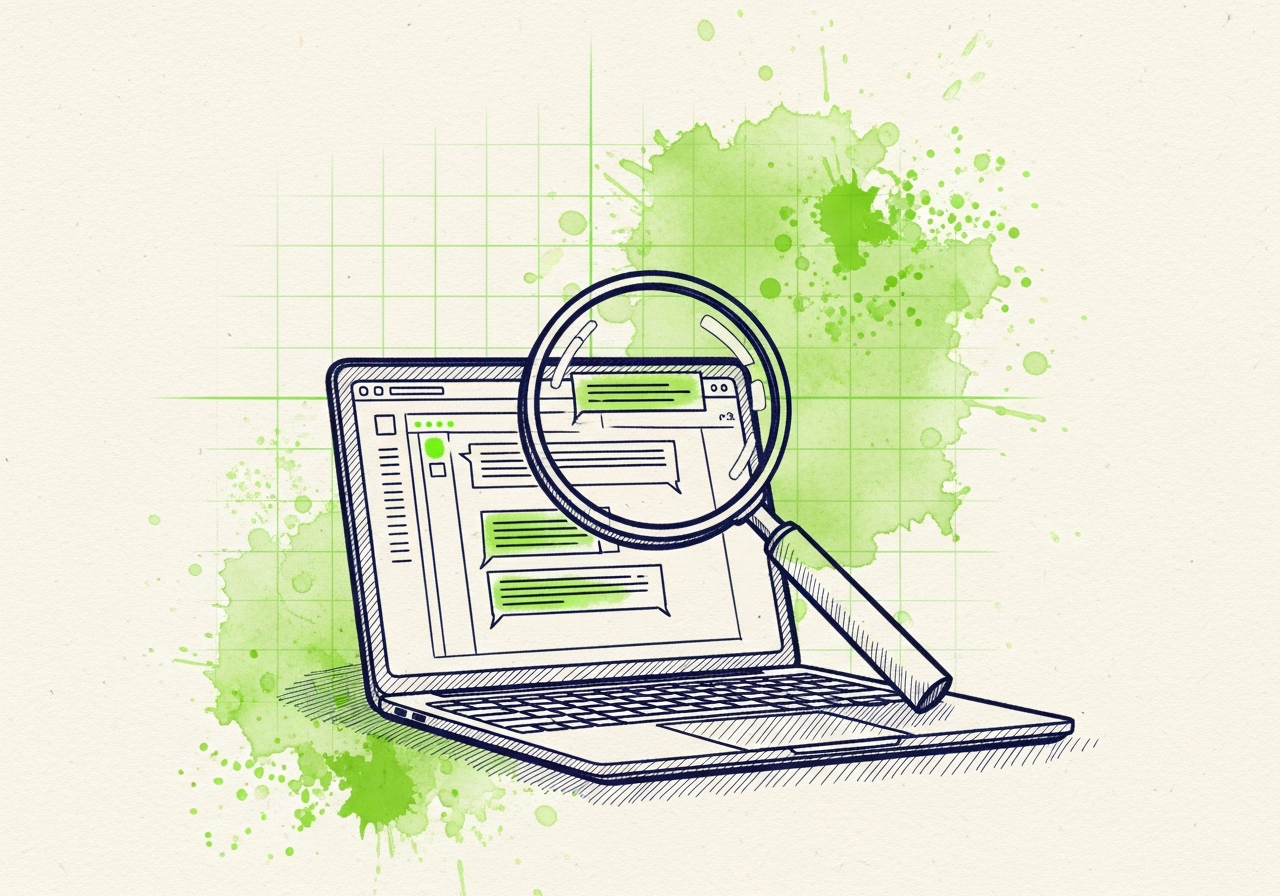 Magnifying glass over laptop screen with conversation interface, technical duotone with watercolor splashes, representing Bing Chat response simulator for visibility auditing.
