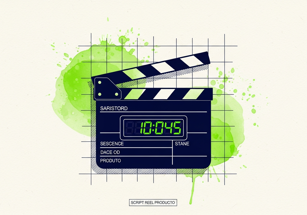 Ilustración minimalista de claqueta con temporizador digital, representando guion para video de producto en formato Reel, sobre fondo de plano técnico con acuarela.