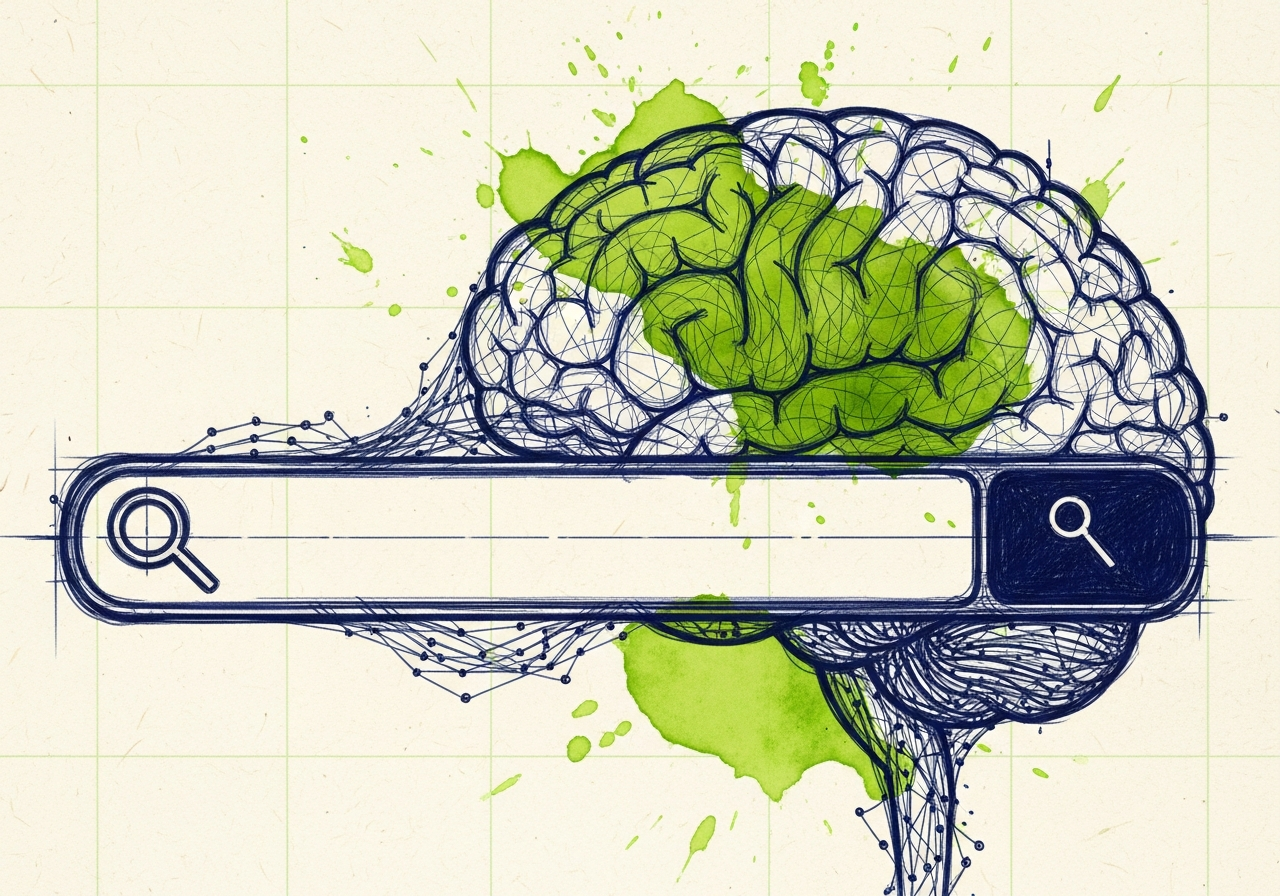 Blueprint de una barra de búsqueda transformándose en un cerebro, ilustrando estrategias de visibilidad temprana para SearchGPT sobre fondo de papel texturizado.