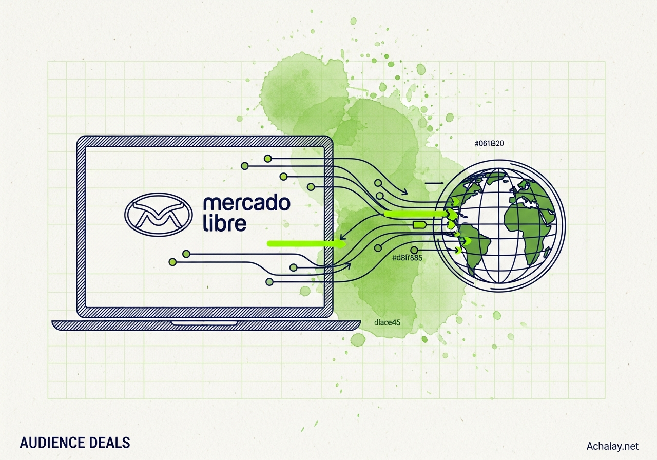 Laptop showing Mercado Libre data flowing to a globe, illustrating programmatic advertising to reach users outside the platform.