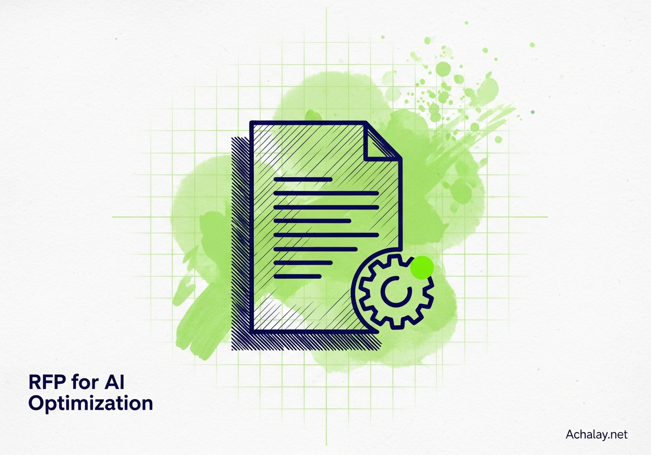 Technical sketch of a document with a gear, representing the creation of a Request for Proposal for AI and LLM optimization services.