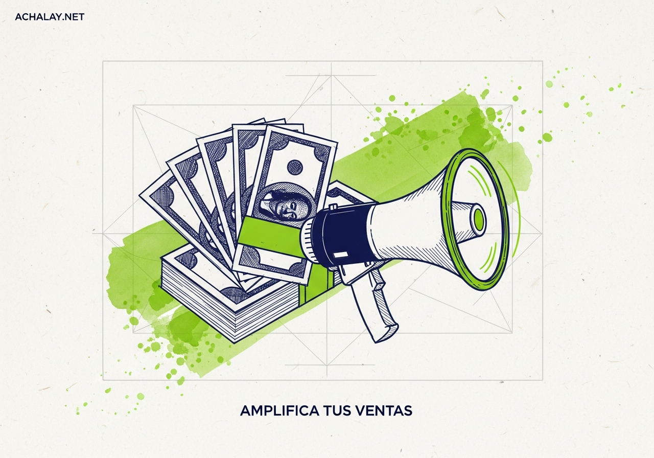 Ilustración minimalista en duotono azul y verde lima de un fajo de billetes y un megáfono, representando estrategias de anuncios para aumentar ventas.