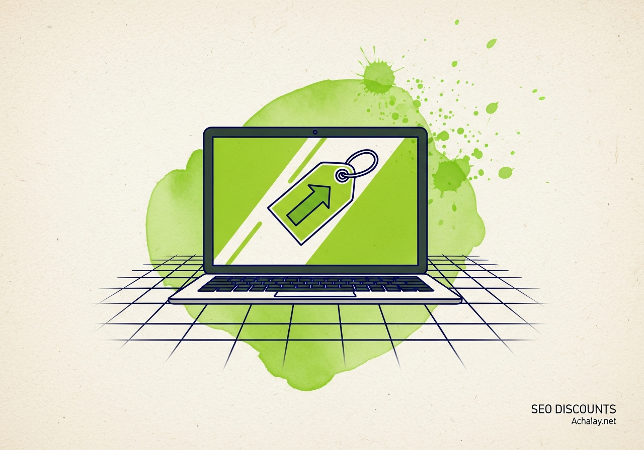 Laptop showing price tag with upward arrow on blueprint grid, representing SEO optimization through strategic discounts and promotions.