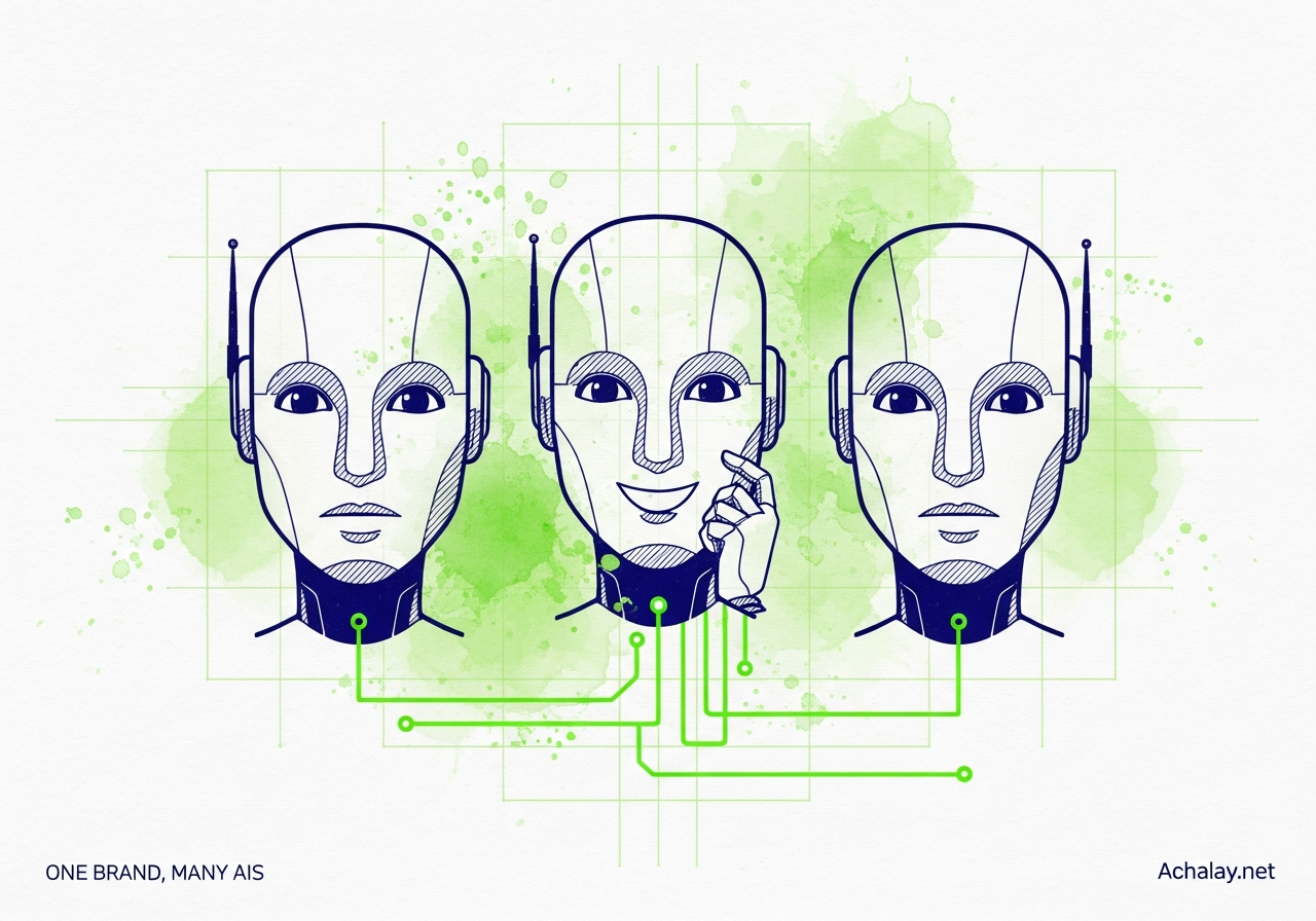 Three AI robot heads unified by a circuit line, illustrating brand consistency across multiple AI models like ChatGPT, Gemini, and Claude.